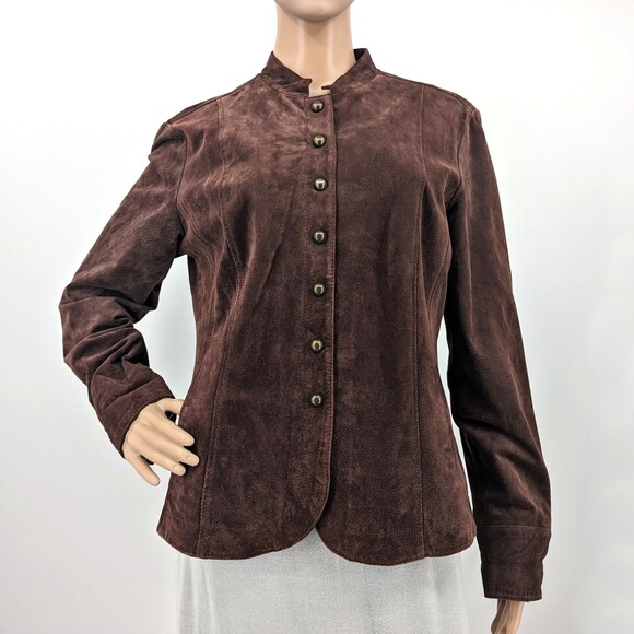 Vintage y2k Live a Little Suede Military Jacket Brown Button Front Leather L - Picture 11 of 13